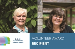 [ai] A split image featuring two women smiling, one with short white hair and a turquoise necklace, and the other with long dark hair, set against a background of greenery and stone. A banner below reads "VOLUNTEER AWARD RECIPIENT".